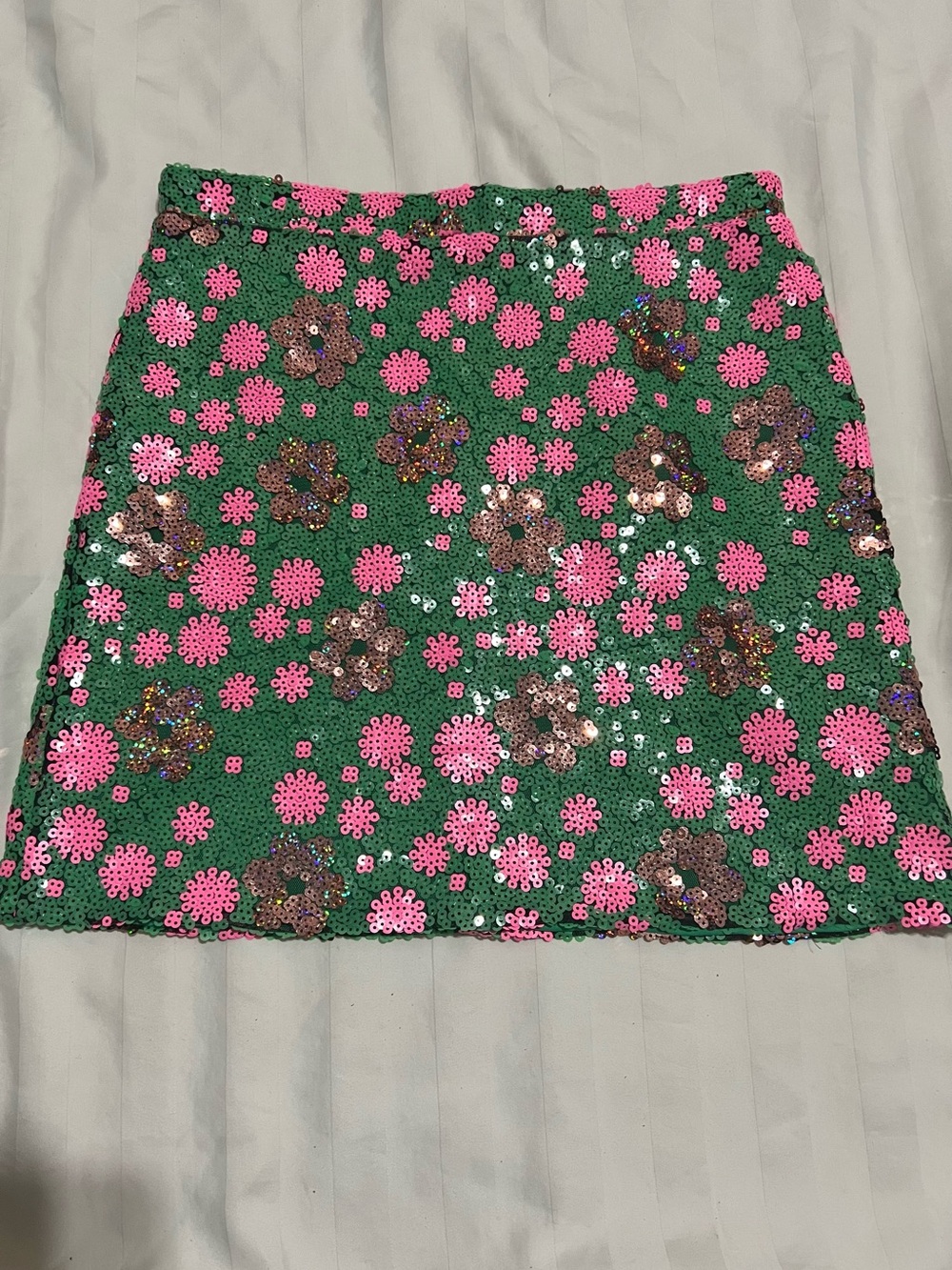 Topshop Green Sequin Floral Mini Skirt with Pink and Gold Accents